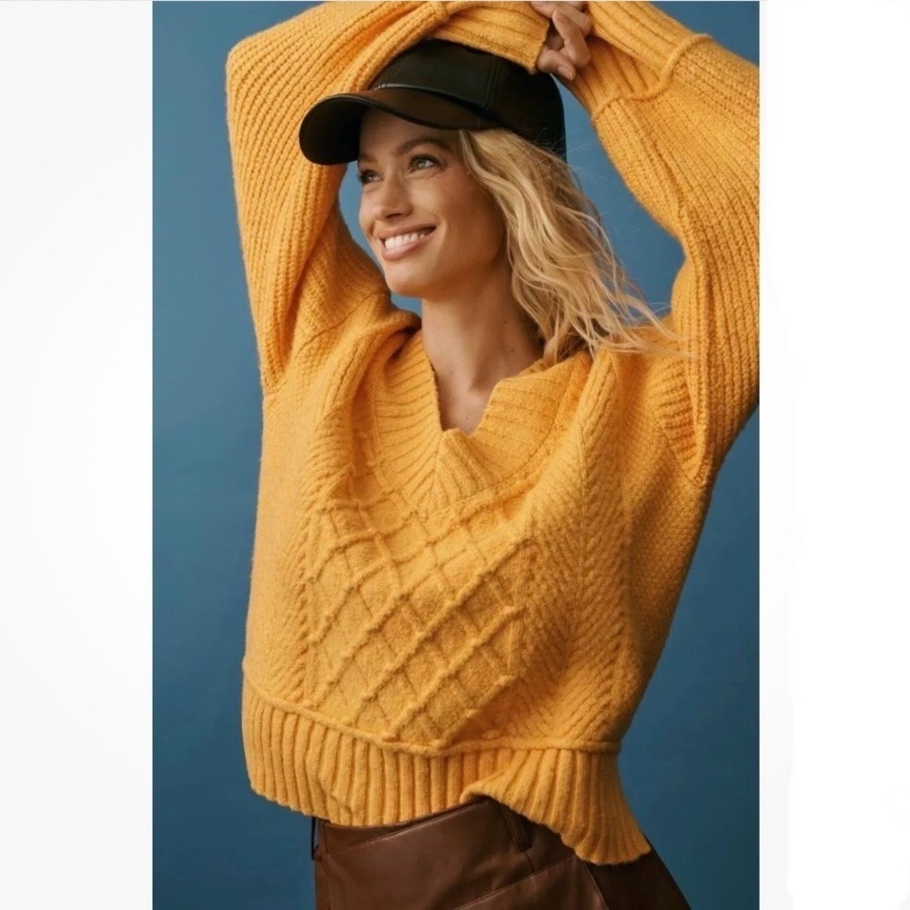 NEW Anthropologie Maeve The Tillie V-Neck Pullover Sweater Women L yellow orange